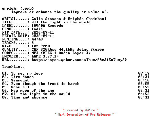NFO for the release Colin_Stetson_and_Brighde_Chaimbeul-All_the_light_in_the_world-WEB-2026-ENRiCH by ENRiCH