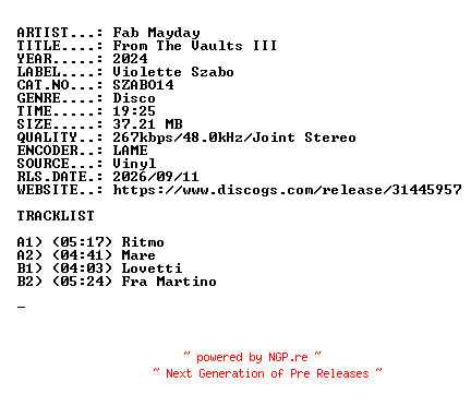 NFO for the release Fab_Mayday-From_The_Vaults_III-(SZABO14)-VINYL-2024-USR by USR