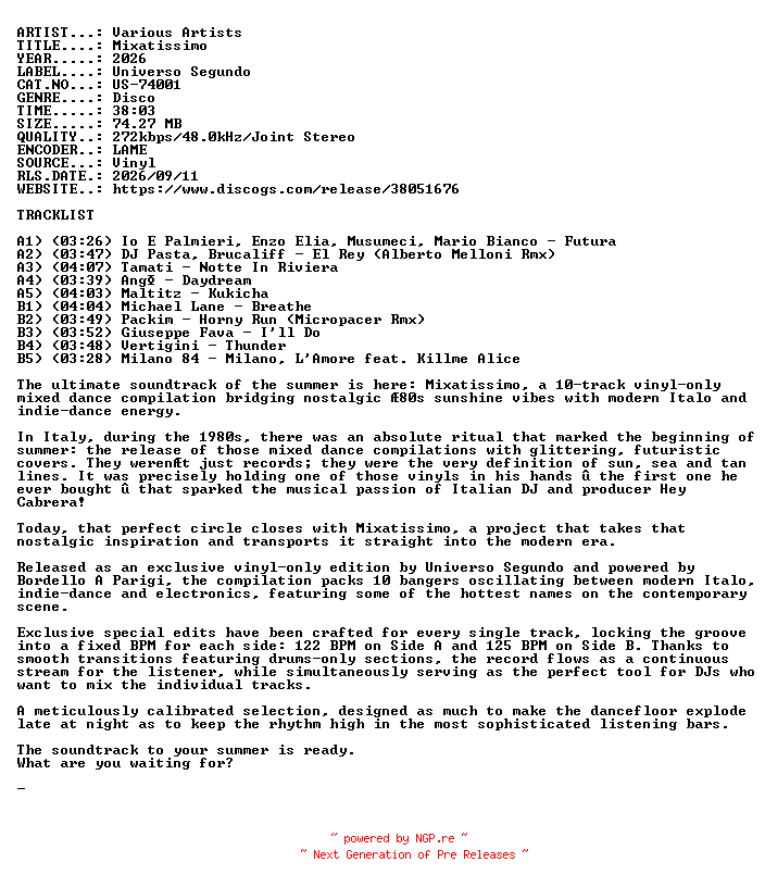 NFO for the release VA-Mixatissimo-(US-74001)-VINYL-2026-USR by USR