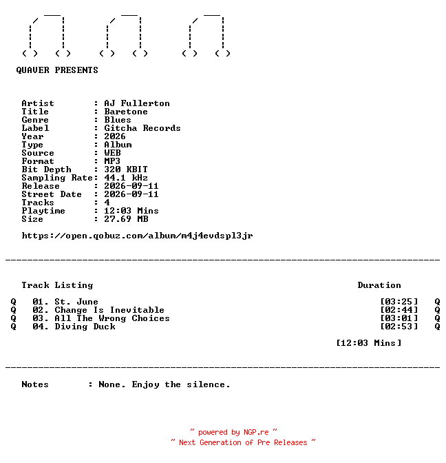 NFO for the release AJ_Fullerton-Baretone-EP-WEB-2026-QUAVER by QUAVER