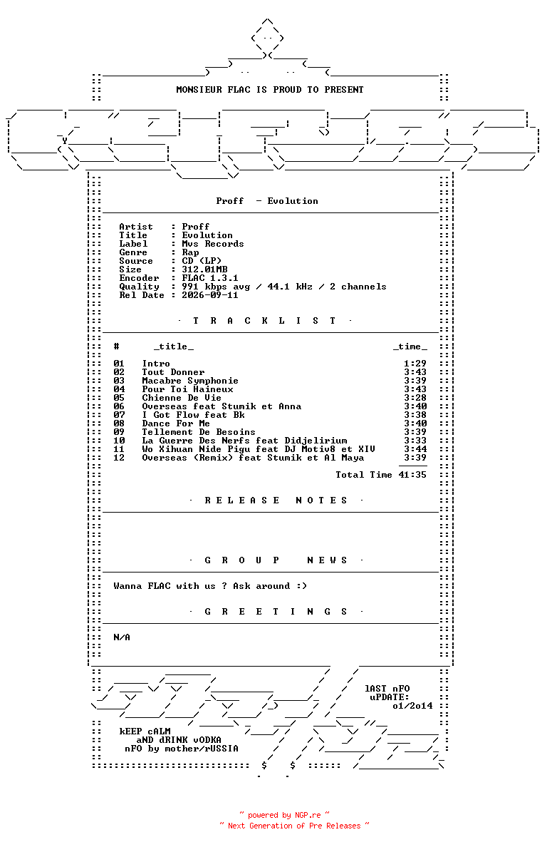 NFO for the release Proff-Evolution-FR-CD-FLAC-2013-Mrflac by Mrflac