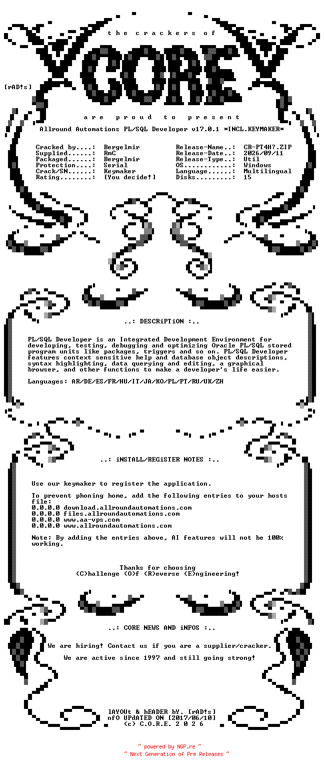 NFO for the release Allround.Automations.PL.SQL.Developer.v17.0.1.x64.Multilingual.Incl.Keymaker-CORE by CORE