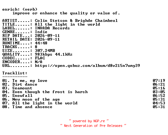 NFO for the release Colin_Stetson_and_Brighde_Chaimbeul-All_the_light_in_the_world-16BIT-WEB-FLAC-2026-ENRiCH by ENRiCH