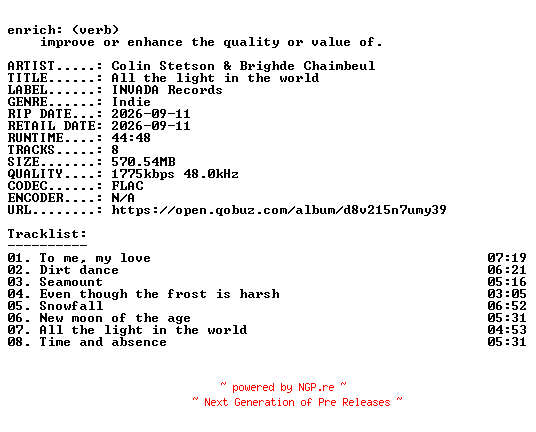 NFO for the release Colin_Stetson_and_Brighde_Chaimbeul-All_the_light_in_the_world-24BIT-WEB-FLAC-2026-ENRiCH by ENRiCH