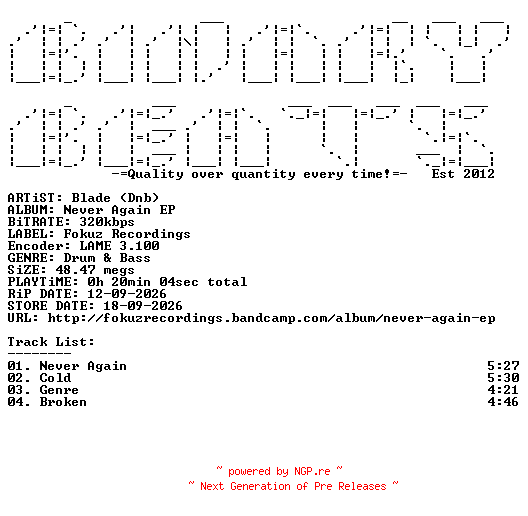 NFO for the release Blade_(Dnb)-Never_Again_EP-WEB-2026-BB by BB