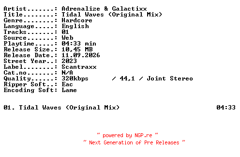 NFO for the release Adrenalize_and_Galactixx-Tidal_Waves_(Original_Mix)-SINGLE-WEB-2023-XTC_iNT by XTC_iNT