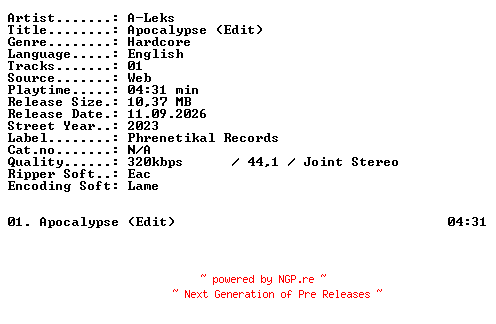 NFO for the release A-Leks-Apocalypse_(Edit)-SINGLE-WEB-2023-XTC_iNT by XTC_iNT