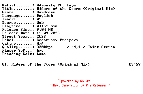 NFO for the release Adronity_Ft_TNYA-Riders_of_the_Storm_(Original_Mix)-SINGLE-WEB-2023-XTC_iNT by XTC_iNT