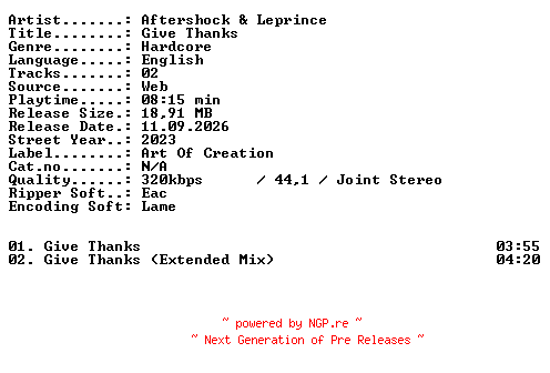 NFO for the release Aftershock_and_Leprince-Give_Thanks-WEB-2023-XTC_iNT by XTC_iNT