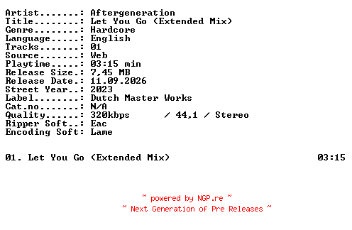 NFO for the release Aftergeneration-Let_You_Go_(Extended_Mix)-SINGLE-WEB-2023-XTC_iNT by XTC_iNT