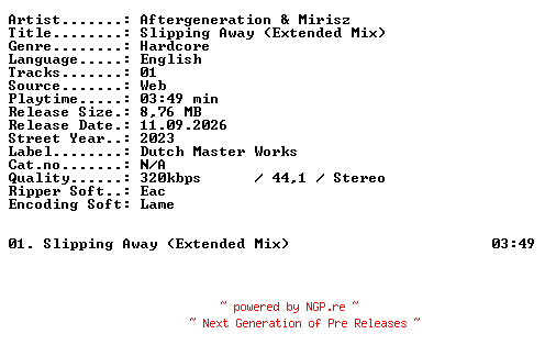 NFO for the release Aftergeneration_and_Mirisz-Slipping_Away_(Extended_Mix)-SINGLE-WEB-2023-XTC_iNT by XTC_iNT