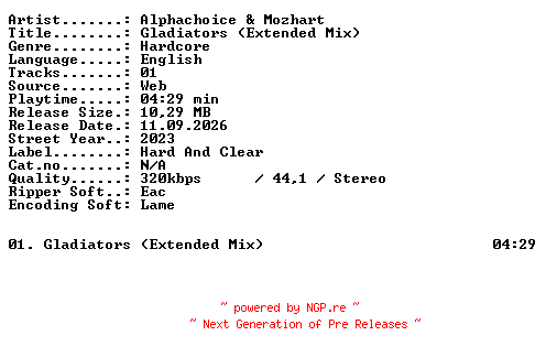 NFO for the release Alphachoice_and_Mozhart-Gladiators_(Extended_Mix)-SINGLE-WEB-2023-XTC_iNT by XTC_iNT