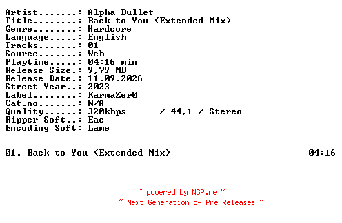 NFO for the release Alpha_Bullet-Back_to_You_(Extended_Mix)-SINGLE-WEB-2023-XTC_iNT by XTC_iNT