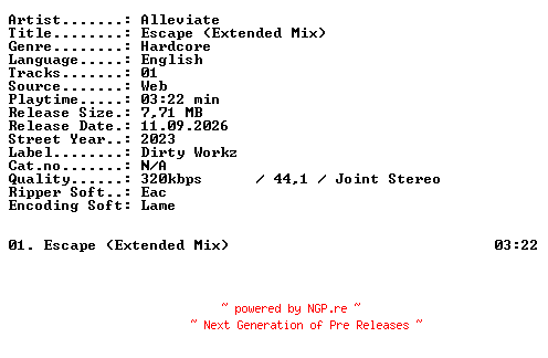 NFO for the release Alleviate-Escape_(Extended_Mix)-SINGLE-WEB-2023-XTC_iNT by XTC_iNT