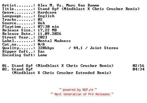 NFO for the release Alex_M_Vs_Marc_Van_Damme-Stand_Up_(Mindblast_X_Chris_Crusher_Remix)-WEB-2023-XTC_iNT by XTC_iNT