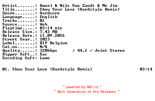 NFO for the release Amari_and_Nils_Van_Zandt_and_Mr_Jim-Show_Your_Love_(Hardstyle_Remix)-SINGLE-WEB-2023-XTC_iNT by XTC_iNT