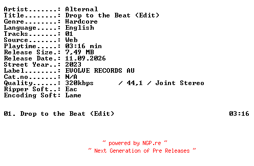 NFO for the release Alternal-Drop_to_the_Beat_(Edit)-SINGLE-WEB-2023-XTC_iNT by XTC_iNT