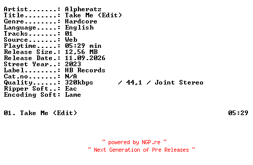 NFO for the release Alpheratz-Take_Me_(Edit)-SINGLE-WEB-2023-XTC_iNT by XTC_iNT
