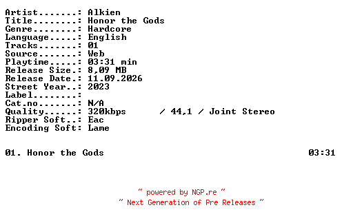 NFO for the release Alkien-Honor_the_Gods-SINGLE-WEB-2023-XTC_iNT by XTC_iNT
