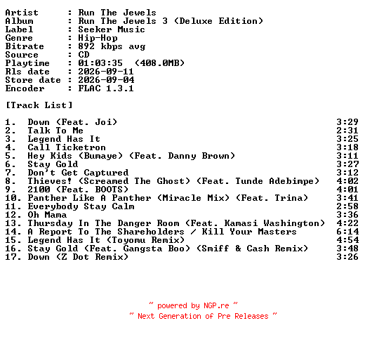 NFO for the release Run_The_Jewels-Run_The_Jewels_3-Deluxe_Edition-CD-FLAC-2026-PERFECT by PERFECT