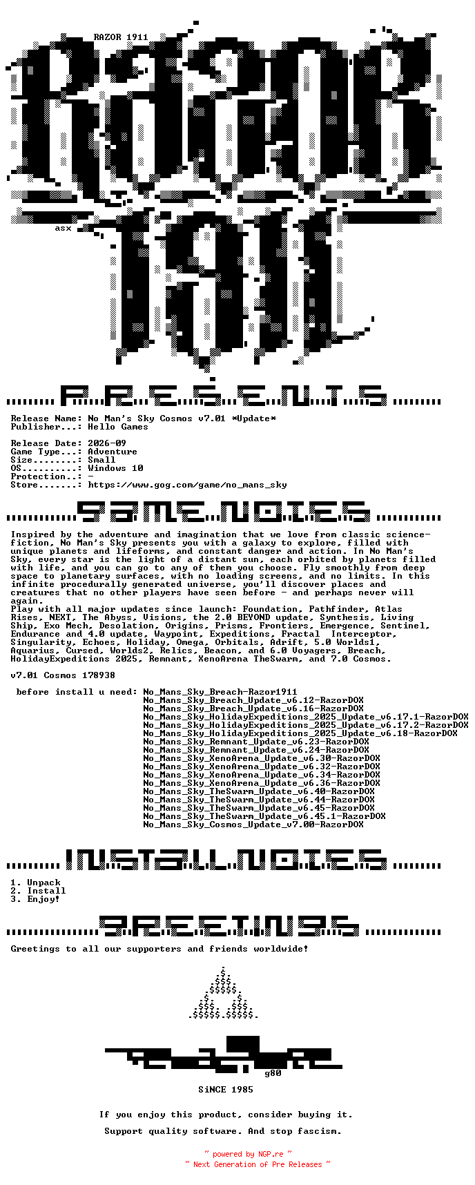 NFO for the release No_Mans_Sky_Cosmos_Update_v7.01-RazorDOX by RazorDOX