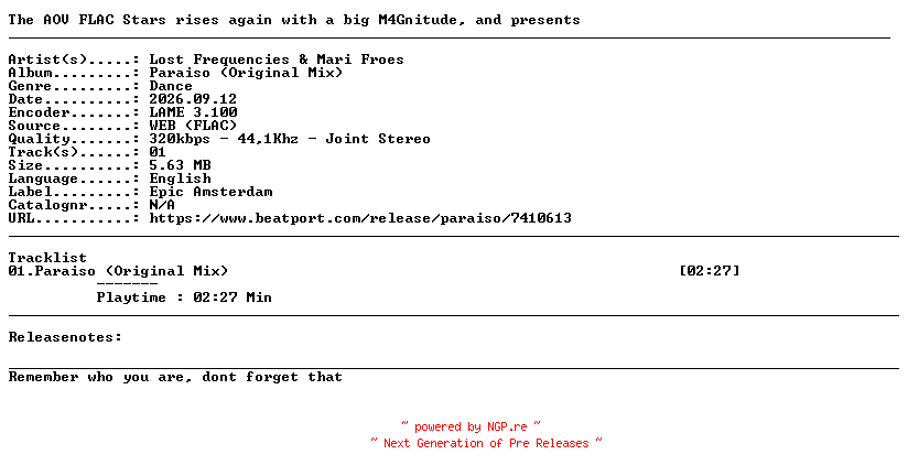 NFO for the release Lost_Frequencies_And_Mari_Froes-Paraiso_(Original_Mix)-SINGLE-WEB-2026-AOV by AOV