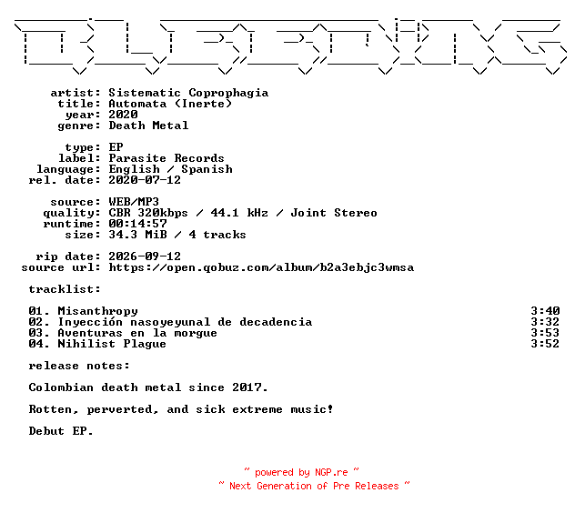 NFO for the release Sistematic_Coprophagia-Automata_(Inerte)-EP-WEB-2020-BLEEDiNG by BLEEDiNG