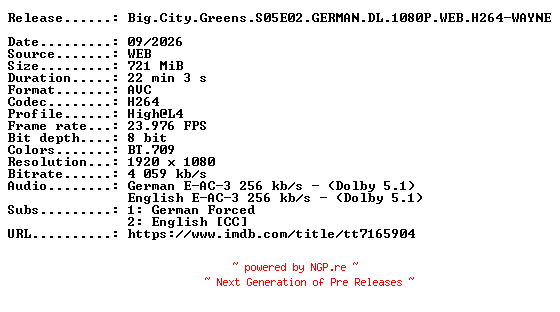 NFO for the release Big.City.Greens.S05E02.GERMAN.DL.1080P.WEB.H264-WAYNE by WAYNE