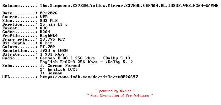 NFO for the release The.Simpsons.S37E00.Yellow.Mirror.S37E00.GERMAN.DL.1080P.WEB.H264-WAYNE by WAYNE