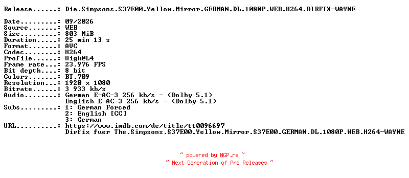 NFO for the release Die.Simpsons.S37E00.Yellow.Mirror.GERMAN.DL.1080P.WEB.H264.DIRFIX-WAYNE by WAYNE