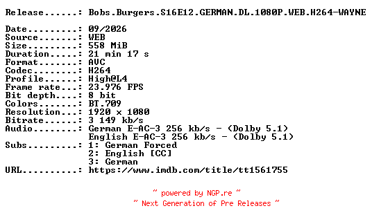 NFO for the release Bobs.Burgers.S16E12.GERMAN.DL.1080P.WEB.H264-WAYNE by WAYNE