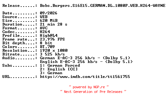 NFO for the release Bobs.Burgers.S16E15.GERMAN.DL.1080P.WEB.H264-WAYNE by WAYNE