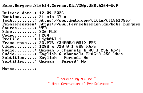 NFO for the release Bobs.Burgers.S16E14.German.DL.720p.WEB.h264-WvF by WvF