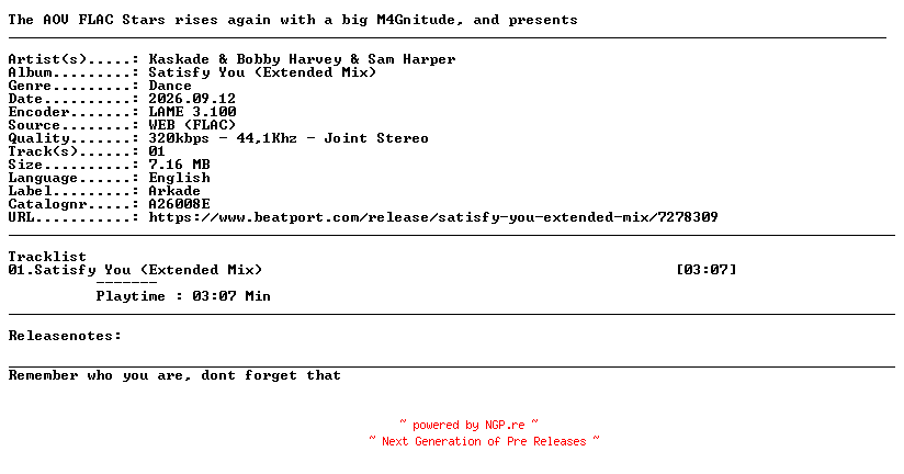 NFO for the release Kaskade_And_Bobby_Harvey_And_Sam_Harper-Satisfy_You_(Extended_Mix)-(A26008E)-SINGLE-WEB-2026-AOV by AOV