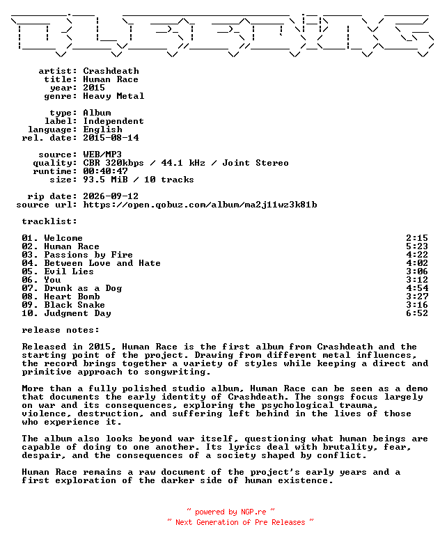 NFO for the release Crashdeath-Human_Race-WEB-2015-BLEEDiNG by BLEEDiNG