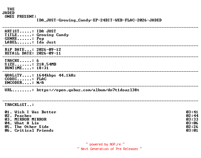 NFO for the release IDA_JUST-Growing_Candy-EP-24BIT-WEB-FLAC-2026-JADED by JADED