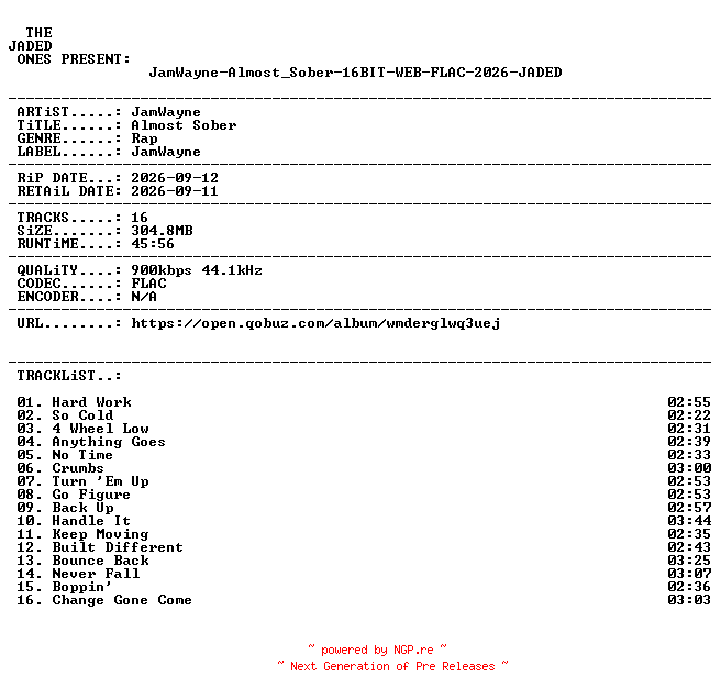 NFO for the release JamWayne-Almost_Sober-16BIT-WEB-FLAC-2026-JADED by JADED