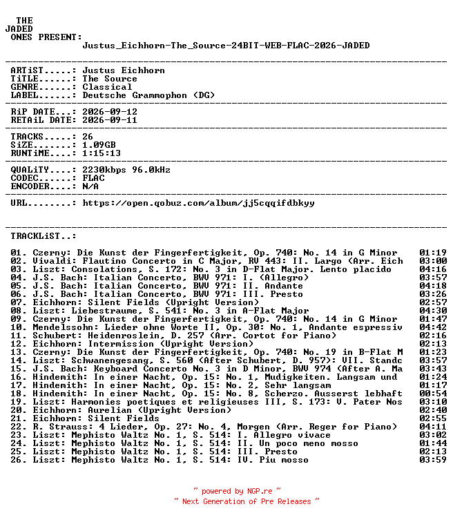 NFO for the release Justus_Eichhorn-The_Source-24BIT-WEB-FLAC-2026-JADED by JADED
