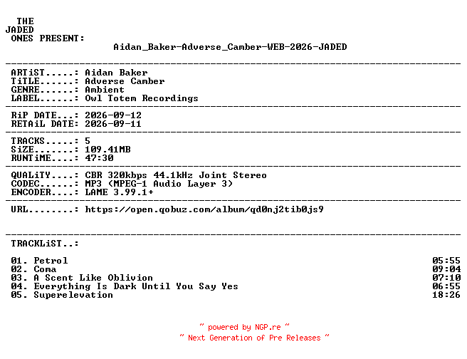 NFO for the release Aidan_Baker-Adverse_Camber-WEB-2026-JADED by JADED