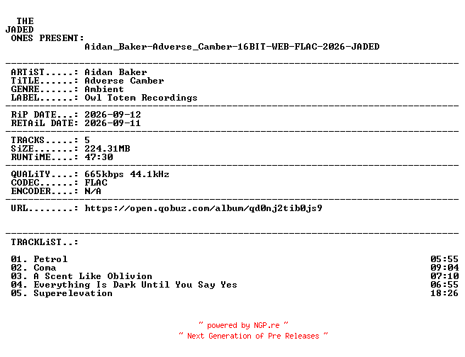 NFO for the release Aidan_Baker-Adverse_Camber-16BIT-WEB-FLAC-2026-JADED by JADED