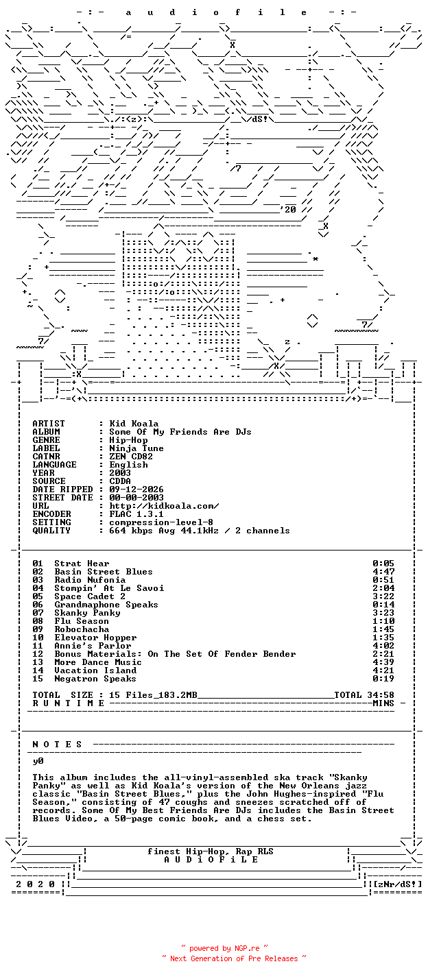 NFO for the release Kid_Koala-Some_Of_My_Friends_Are_DJs-CD-FLAC-2003-AUDiOFiLE by AUDiOFiLE