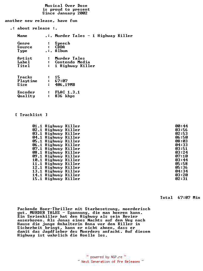NFO for the release Murder_Tales-1_Highway_Killer-DE-Audiobook-CD-FLAC-2026-MOD by MOD