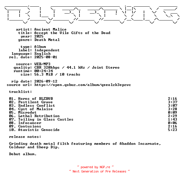 NFO for the release Ancient_Malice-Accept_the_Vile_Gifts_of_the_Dead-WEB-2025-BLEEDiNG by BLEEDiNG