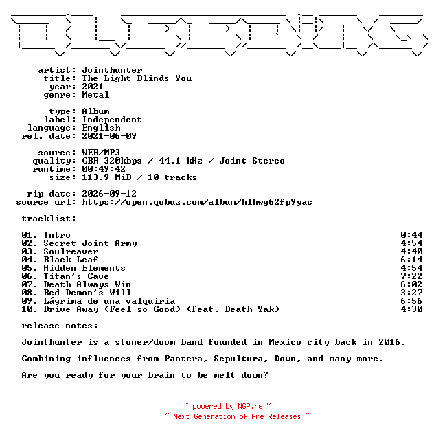 NFO for the release Jointhunter-The_Light_Blinds_You-WEB-2021-BLEEDiNG by BLEEDiNG