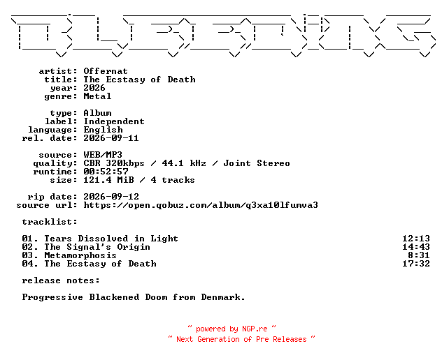 NFO for the release Offernat-The_Ecstasy_of_Death-WEB-2026-BLEEDiNG by BLEEDiNG