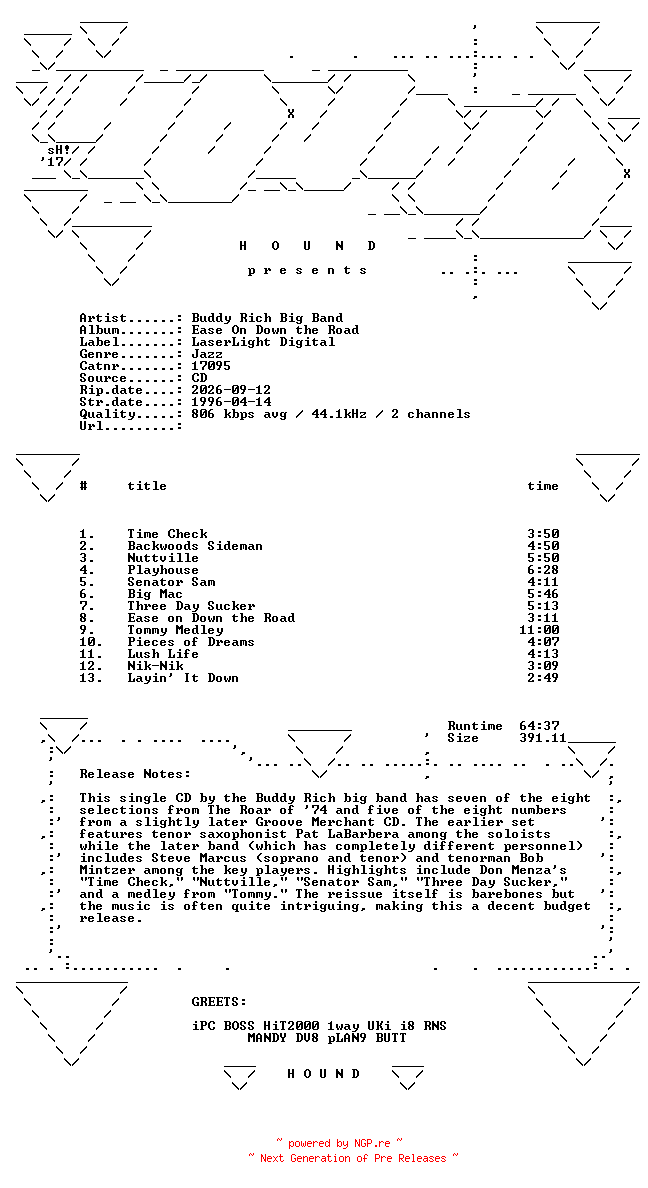 NFO for the release Buddy_Rich_Big_Band-Ease_On_Down_The_Road-(17095)-REISSUE-CD-FLAC-1996-HOUND by HOUND