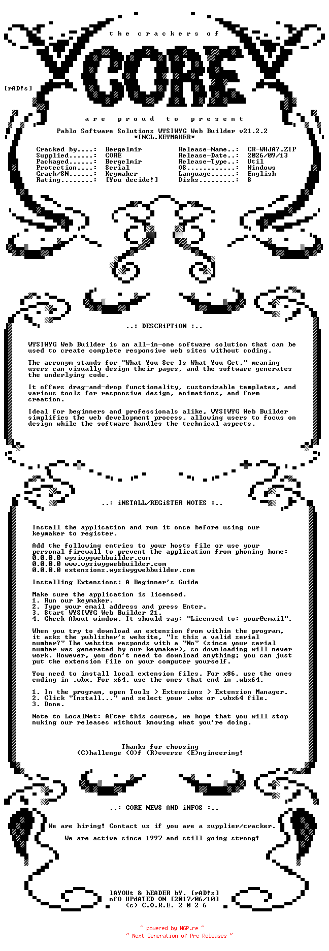 NFO for the release Pablo.Software.Solutions.WYSIWYG.Web.Builder.v21.2.2.x64.Incl.Keymaker-CORE by CORE