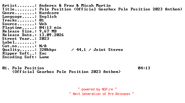 NFO for the release Anderex_and_Fraw_and_Micah_Martin-Pole_Position_(Official_Gearbox_Pole_Position_2023_Anthem)-SINGLE-WEB-2023-XTC_iNT by XTC_iNT