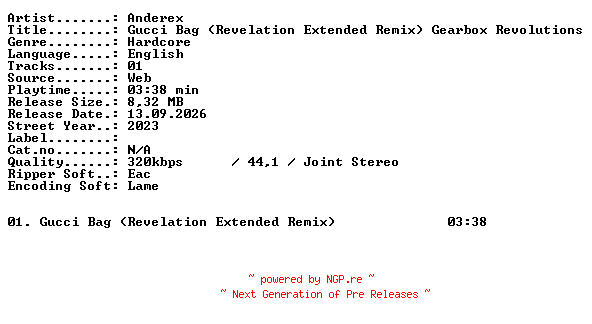 NFO for the release Anderex-Gucci_Bag_(Revelation_Extended_Remix)_Gearbox_Revolutions-SINGLE-WEB-2023-XTC_iNT by XTC_iNT