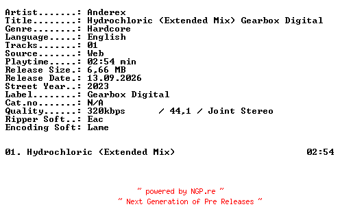 NFO for the release Anderex-Hydrochloric_(Extended_Mix)_Gearbox_Digital-SINGLE-WEB-2023-XTC_iNT by XTC_iNT